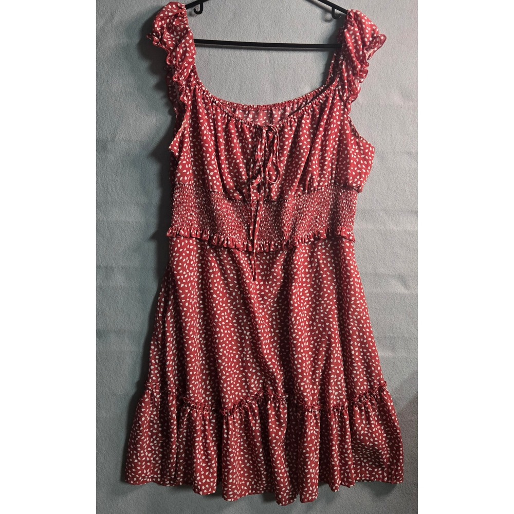 Dark Coral Boho Smocked Waist Mini Dress Ruffle Sleeve Petal‎ Print Country Girl